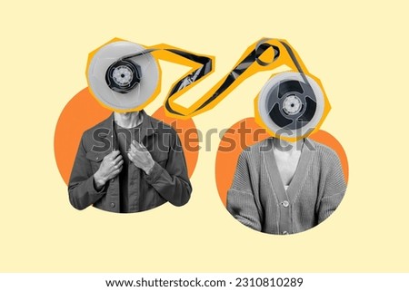 Picture poster image black white gamma collage of two weird people cassette instead faces listening music isolated on beige background Royalty-Free Stock Photo #2310810289