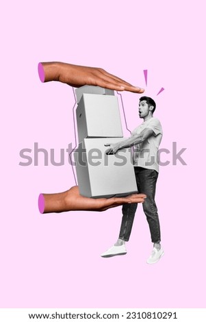 Vertical 3d poster black white gamma collage sketch artwork of shocked man going carrying heavy boxes two humans arms helping him