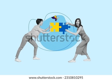 Composite design creative collage of two young woman metaphor two puzzles connection matches ukraine patriotism isolated on blue background