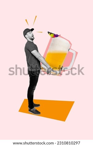 Image picture black white gamma collage sketch of funky positive man hold big size beer mug preparing celebrating birthday