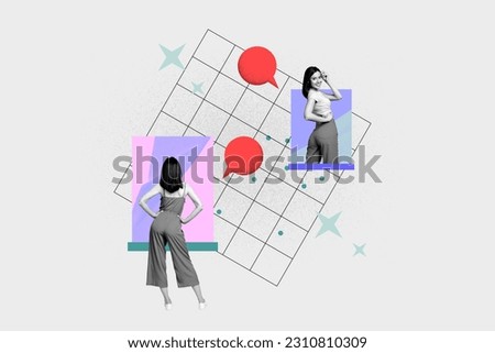 Creative composite photo collage of adorable gorgeous woman standing demonstrate herself in dating app isolated on drawing background