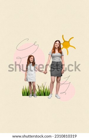 Photo collage artwork minimal picture of charming cute mommy small girl walking weekend together isolated beige color background