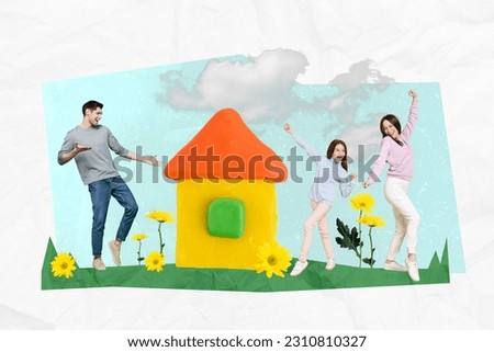 Photo comics sketch collage picture of little girl mommy dad choosing new house to buy isolated creative background