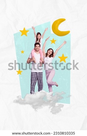 Collage artwork graphics picture of smiling excited dad small daughter enjoying pajama party isolated painting background