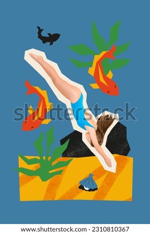 Drawing painting picture template collage of diving lady deep water for exploring tropics ocean on summertime vacation