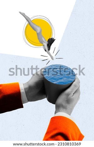 Vertical collage picture of black white colors mini girl jumping diving arms hold water cup isolated on drawing creative background