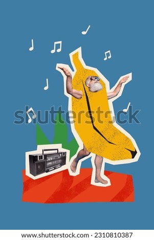 Creative image collage template picture of funny funky retired man in banana suit swimming under water listen boom box