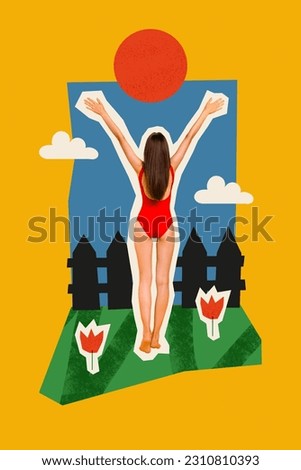 Painting picture template collage of happy young lady in swimsuit enjoying morning exercise on rural landscape relax summer holiday