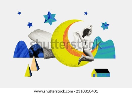 Collage image of carefree cheerful black white colors girl hold blanket flying sky drawing moon stars isolated on creative white background Royalty-Free Stock Photo #2310810401