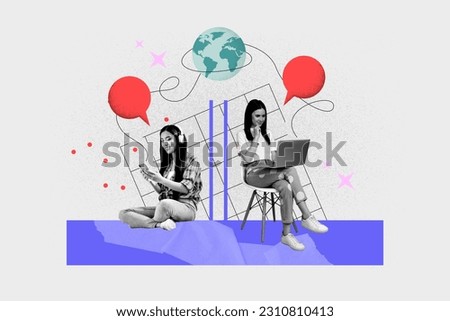 Creative abstract sketch composite collage photo of happy positive friends girls chatting online in app isolated painted background