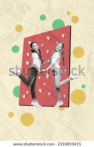 Vertical collage picture of two positive friendly black white colors girls hold arms drawing hearts isolated on paper background