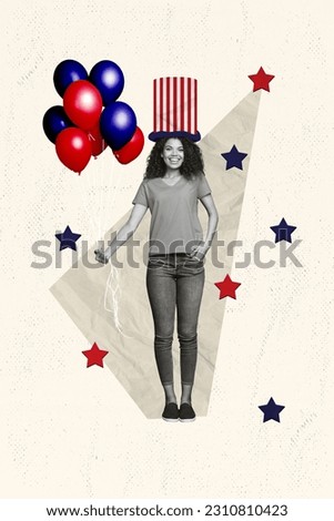 Vertical creative photo illustration collage of funny woman wear striped national long cap hold helium bubbles isolated painted background