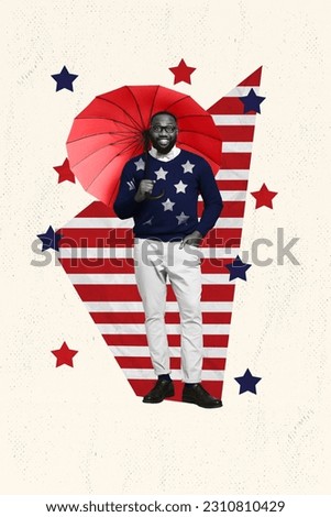 Vertical collage picture of black white effect guy hold umbrella american patriotic clothes isolated on painted background