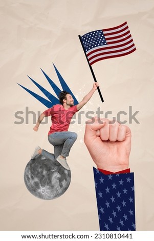 Vertical advert promo collage of young patriotic man immigrant hold united states flag independence day isolated on beige background