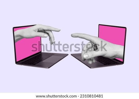 Poster banner collage of two human hands appear from netbook screen touch distant communication become near concept globalization