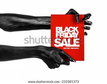 Black Friday theme: black hand holding a red card for a discount on white background