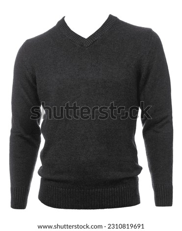 Grey classic wool v-neck jumper on mannequin isolated on a white background Royalty-Free Stock Photo #2310819691