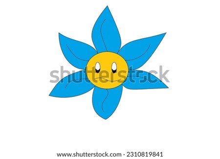A flower with six blue petals, accompanied by an annoyed face in yellow