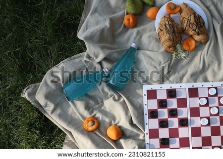board logic game for family and friends picnic checkers, the game is placed on a picnic blanket in nature on a sunny summer day and with croissants, apricot slices and drinks. for screensavers, postca
