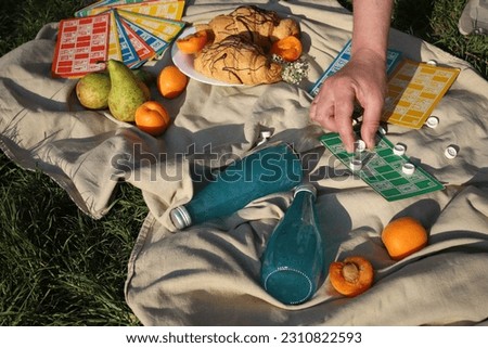 board logic game for family and friends picnic bingo, the game is placed on a picnic blanket in nature on a sunny summer day with croissants, apricot slices and drinks. for screensavers, postcards, ad