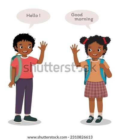 Cute African school kids say hello greeting good morning to each other