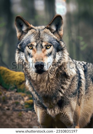 Majestic Wolf in Forest: A striking image of a majestic wolf amidst a lush forest, its piercing gaze reflecting a wild spirit.