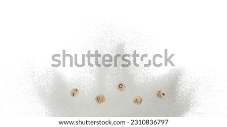 Sugar alphabet letter word bead on explosion of refined sugar. Diabetes concept to reduce sweet food drink. Sugar letter word on sweetener type fly in air. White background isolated Royalty-Free Stock Photo #2310836797