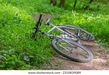 A gray retro gravel bike lies on its side in a dense forest along a dirt road. Walks in the forest, bike rides, weekends, relaxation, leisure, cycling