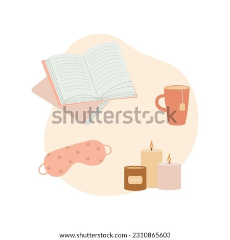Self care elements set. Books, sleeping mask, cup of tea and candles. Vector illustration