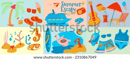 Cute Summer elements collage set bundle collection. Beach Party, vacation, swimming, surfing, diving