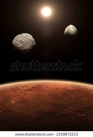 Mars and its two natural satellites Deimos and Phobos. Mars is a red planet of the solar system. Mars, Phobos and Deimos. High resolution image. Elements of this image furnished by NASA. Royalty-Free Stock Photo #2310872213
