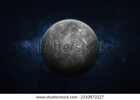 Mercury, galaxy and stars. View of Mercury - planet of the solar system. Galaxy, stars and planet Mercury. High resolution image. This image elements furnished by NASA. Royalty-Free Stock Photo #2310872227