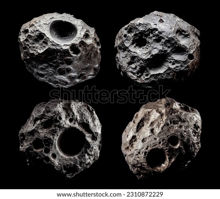 Asteroids isolated on black background. Meteorites. High resolution. A set of asteroids isolated on pure black for ease of use and integration into your design. 