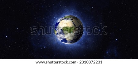 Panoramic view of the Earth, nebula, stars and galaxy. Planet Earth, view on Europe, Africa, Asia from space.  Concept of Earth Day. Elements of this image furnished by NASA.