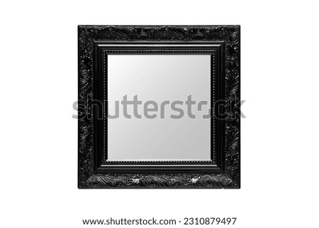 Square mirror reflection with ornate black frame, isolated over white background. Classic style, layout decoration. Social media format. Interior design, front view. Frame border blank inside.
