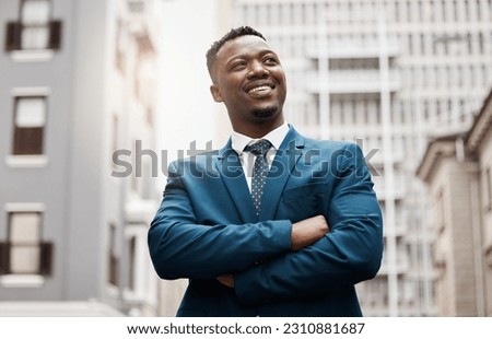 Thinking, idea and business black man in city with future goals, vision and mission for company. Ideas, success and face of male entrepreneur in town with wonder, dreaming and thoughtful mindset Royalty-Free Stock Photo #2310881687