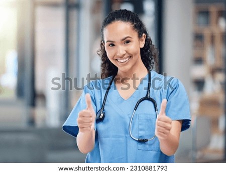 Happy woman, doctor and portrait with thumbs up for winning, success or good job in healthcare at hospital. Female person or medical professional with thumb emoji, yes sign or like for goal at clinic
