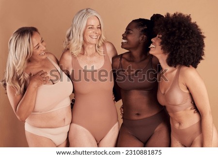 Body, different and diversity with underwear, women with fitness and beauty, equality and inclusivity with body positive and empowerment. Happy, age and wellness with motivation, health and skin. Royalty-Free Stock Photo #2310881875