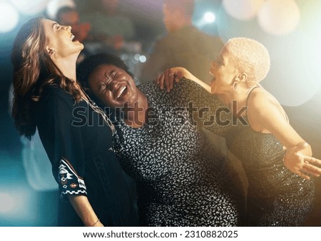 Friends, women and dance in club, happiness and laughing together, break and clubbing. Young females, girls and party with smile, diversity and bonding for joyful, energy and crowd in night and light