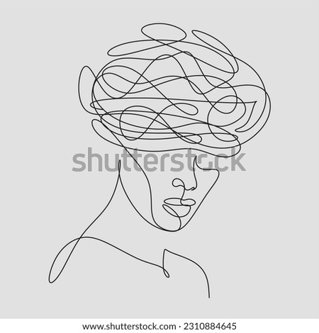 Continuous one-line art anxiety drawing art of stress confusing people because any problem. Vector illustration of woman mess feeling with round scribbles instead of a head. Mindfulness psychotherapy  Royalty-Free Stock Photo #2310884645