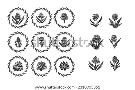 Linotype floral icon collection in whimsical vector art. Decorative foliate design for rustic botany set. 