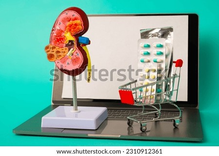 Purchase, delivery of medicines to your home. Small trolley with medicines and anatomical model kidney on a laptop.