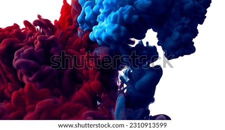 Blue and magenta splash of paint in water over white background