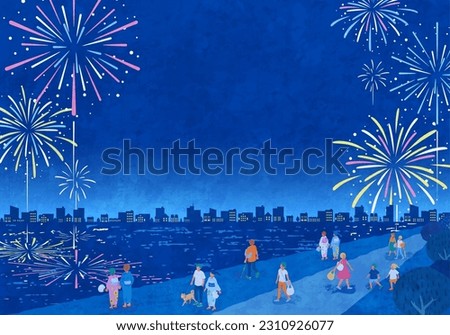 Vector illustration of people watching fireworks by the water. Scenery of the summer festival.
