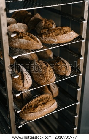 bakery fresh and fragrant bread lies on the shelves of the craft production flour products close-up