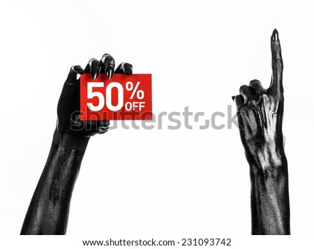 Hot sale topic: black hand holding a red card with a 50% discount on white background
