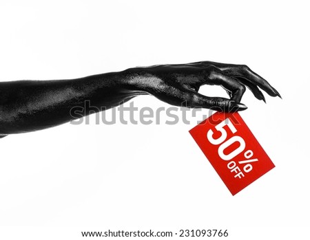 Hot sale topic: black hand holding a red card with a 50% discount on white background