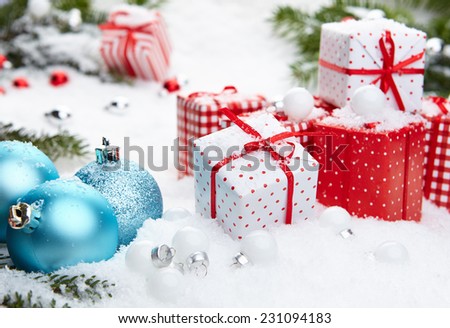 Red and white  xmas decoration on holiday background 