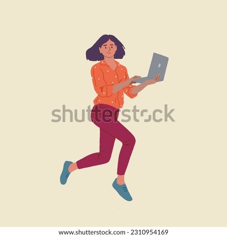 Profile side full-size editable vector illustration of excited lady girl jumping and chatting on online