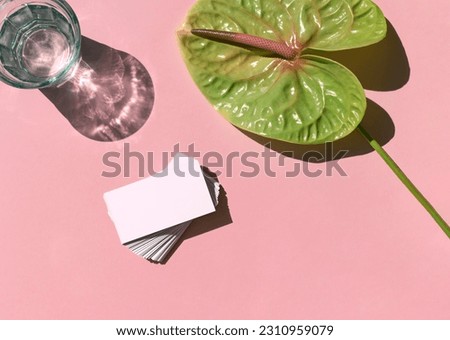 Business card white mosk up on the colorful pink background with tropical flower flat lay. Top view. Copy space